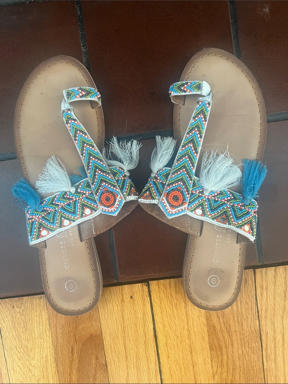 Chinese Laundry Beaded Tassel T-Strap Sandals - Blue/Orange/White
